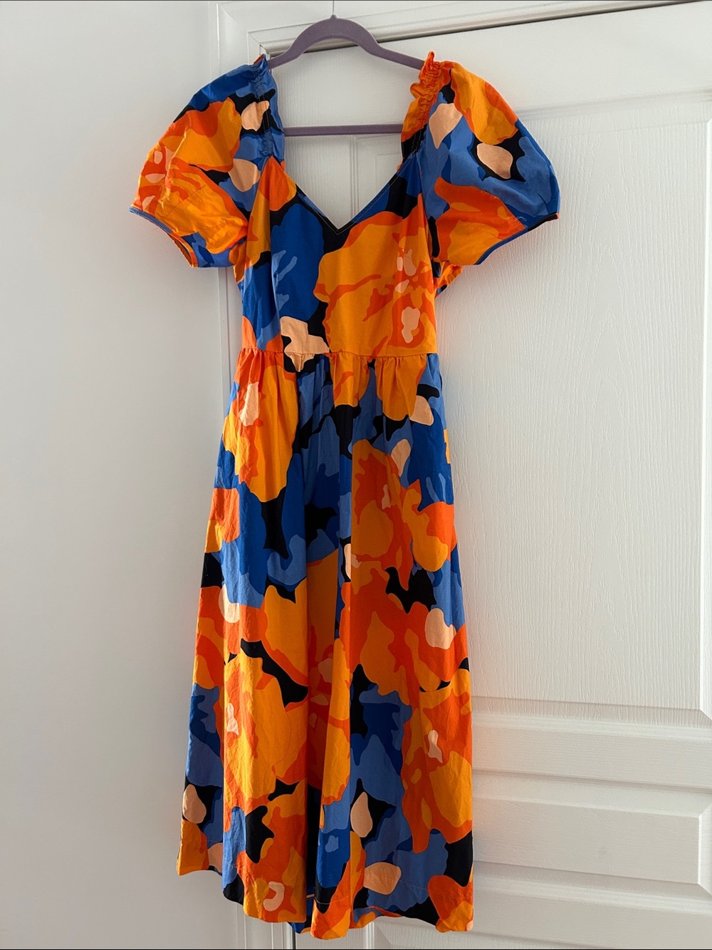 Blue & Orange Floral Puff-Sleeve Midi Dress